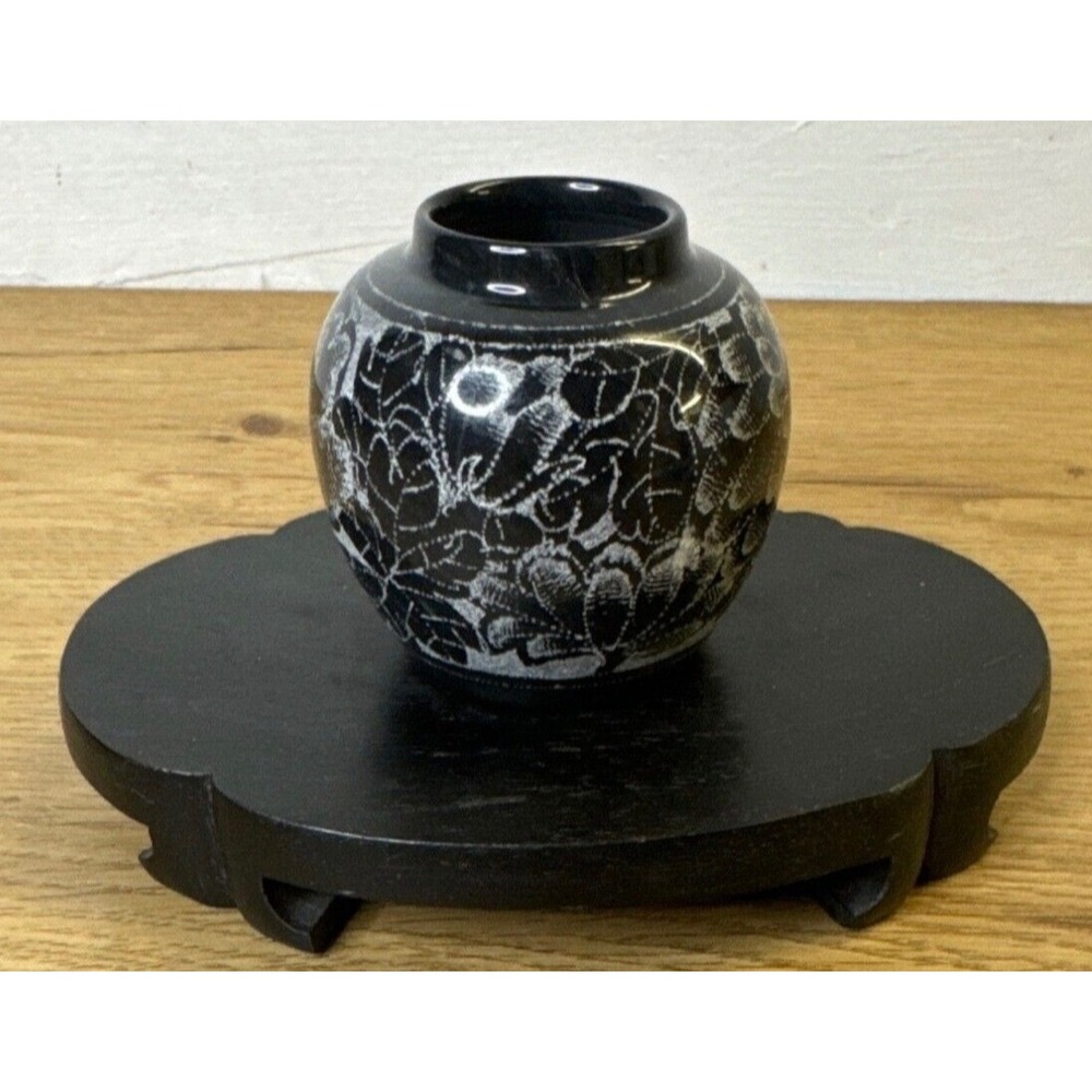 Vintage Hand Carved Black Stone Etched Floral Peony Bud Vase 2.5 Inch
